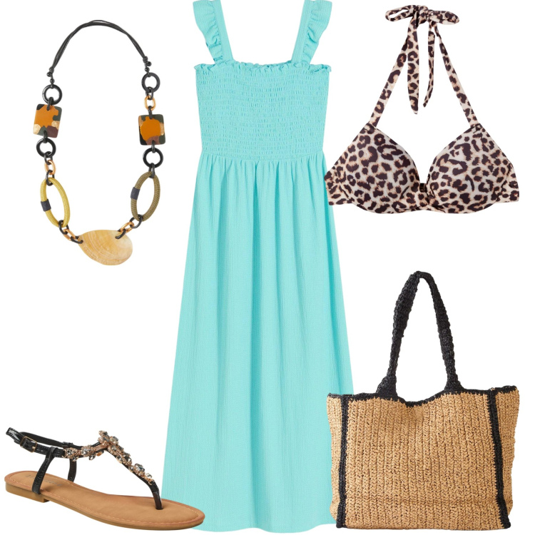 Outfit donna - Al mare. Stile Casual chic per Mare. Abbinamento con shopping bag, vestiti, sandali gioiello, bikini, collane.