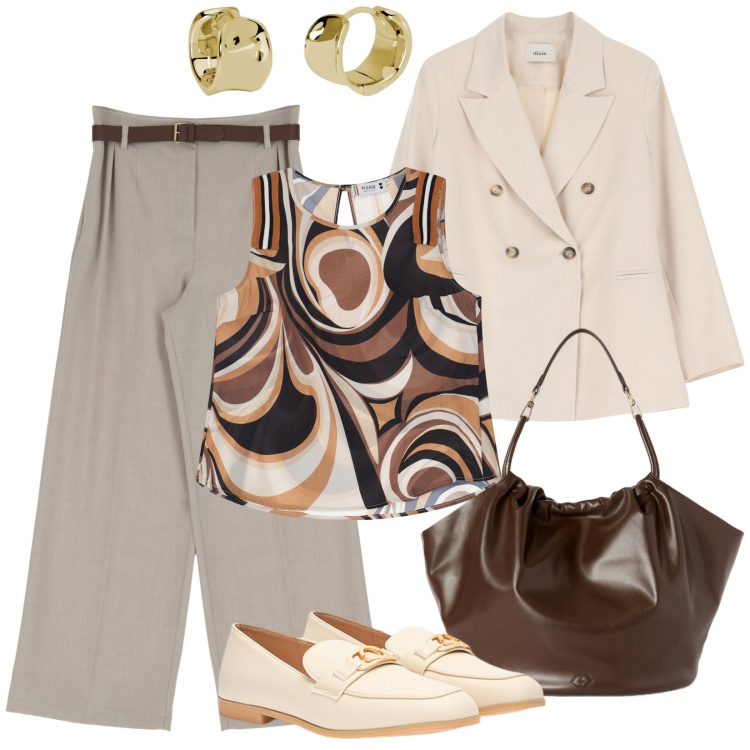 Outfit donna - In doppio petto. Stile Mannish per Ufficio. Abbinamento con pantaloni, top, orecchini, blazer, borse a secchiello, mocassini.