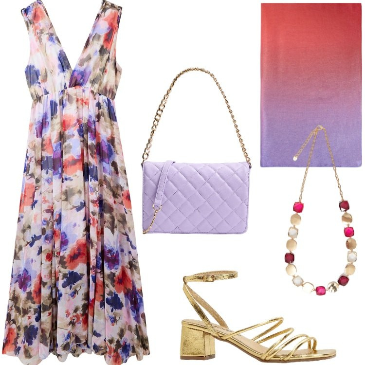 Outfit donna - Pranzo fiorito. Stile Chic per Tutti i giorni. Abbinamento con sandali col tacco, vestiti lunghi, borse a tracolla, stole, collane.
