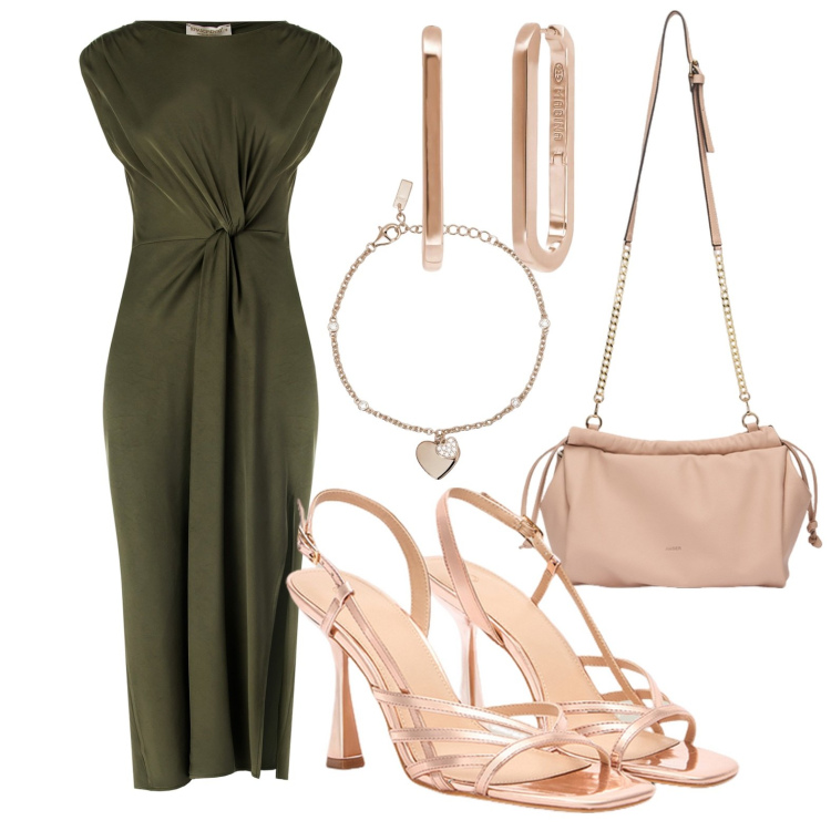 Outfit donna - L\'abito verde. Stile Chic per Cerimonia. Abbinamento con orecchini, braccialetti con ciondoli, vestiti midi/longuette, borse a tracolla, sandali col tacco.