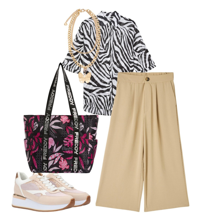 Outfit donna - Giungla cittadina. Stile Etnico per Tutti i giorni. Abbinamento con pantaloni a palazzo, camicie, shopping bag, sneakers, collane.