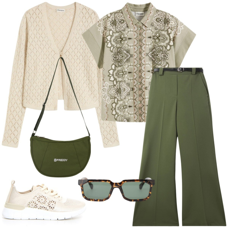 Outfit donna - Tempo libero. Stile Sporty chic per Tutti i giorni. Abbinamento con camicie, cardigans, pantaloni, occhiali da sole, borse a spalla, sneakers.