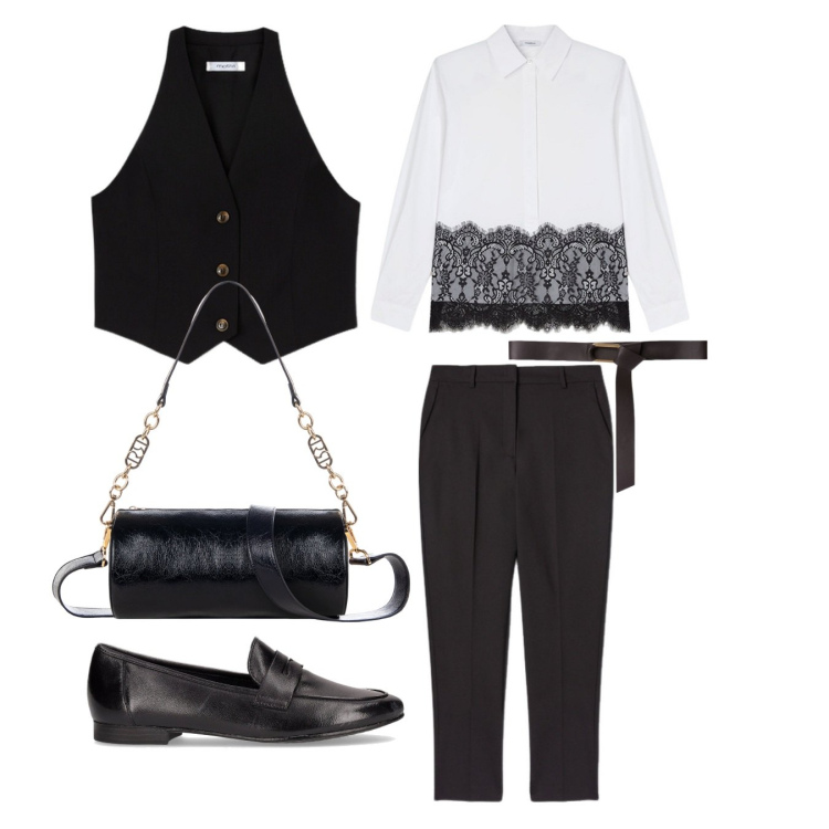 Outfit donna - Mannish a maggio. Stile Mannish per Cerimonia. Abbinamento con borse a mano, mocassini, camicie, pantaloni, gilet, cinture.