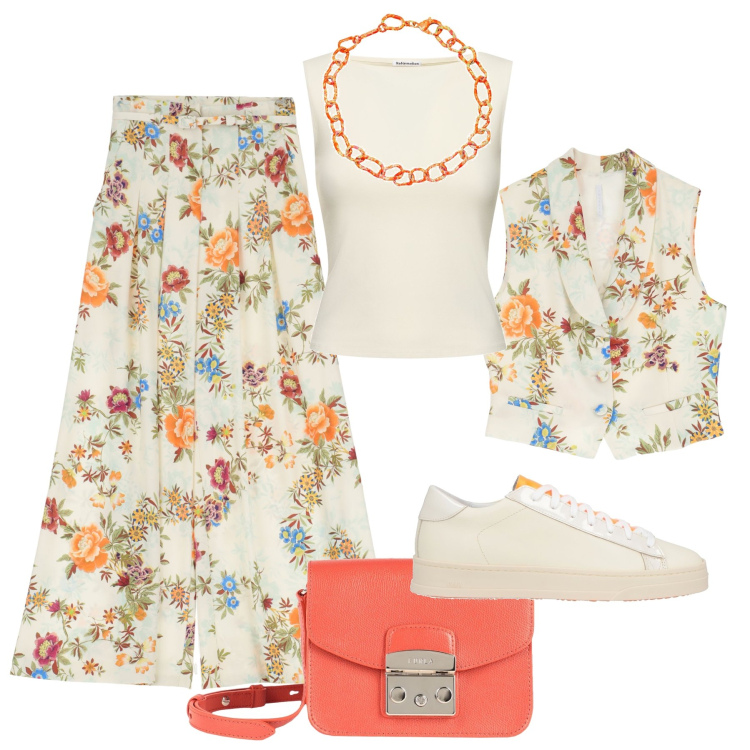 Outfit donna - Completo floreale in città. Stile Trendy per Tutti i giorni. Abbinamento con sneakers, borse a tracolla, collane, pantaloni a palazzo, gilet, top.