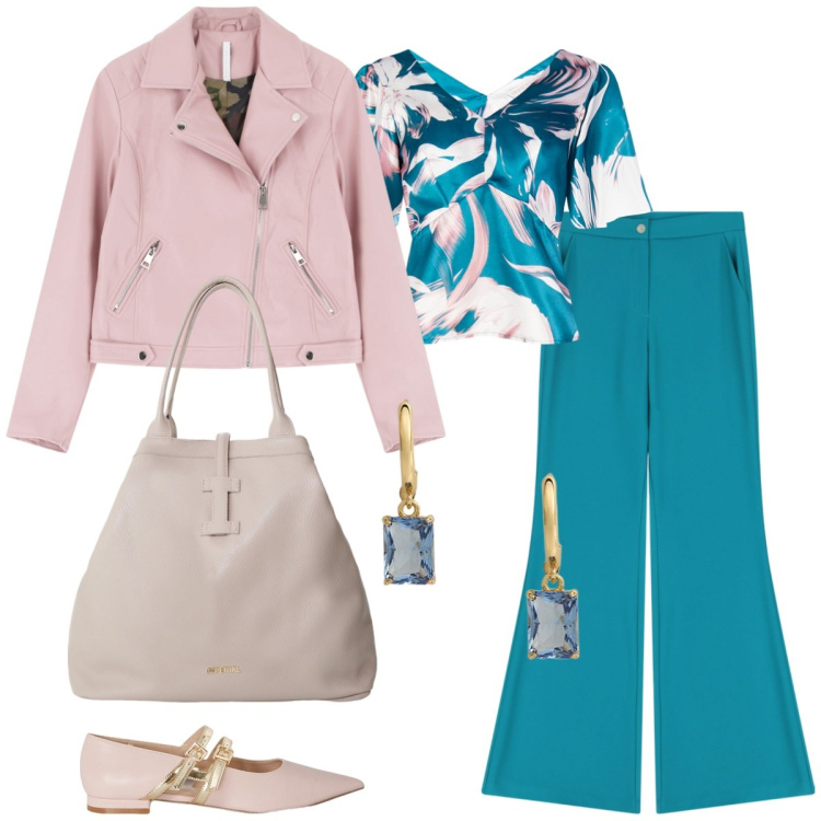 Outfit donna - Tempo libero. Stile Casual chic per Tutti i giorni. Abbinamento con bluse, blazer, borse tote, orecchini, pantaloni, ballerine.