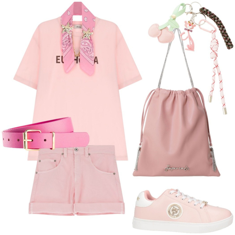 Outfit donna - Total Pink. Stile Casual chic per Tutti i giorni. Abbinamento con cinture, sneakers, shorts, borse a secchiello, t-shirt, portachiavi.