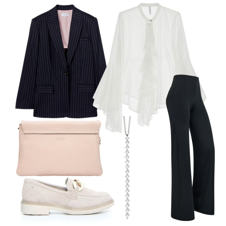 Outfit donna - Mannish a maggio. Stile Mannish per Cerimonia. Abbinamento con ciondoli, camicie, pantaloni skinny, mocassini, borse a tracolla, blazer.
