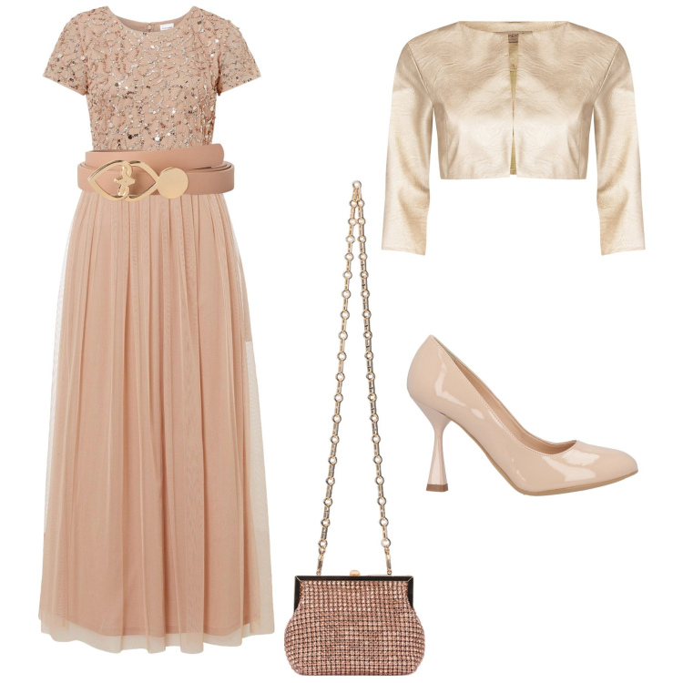 Outfit donna - Total look #2132956. Stile Glamour per Cerimonia. Abbinamento con vestiti lunghi, décolleté, bolero, clutch, cinture.