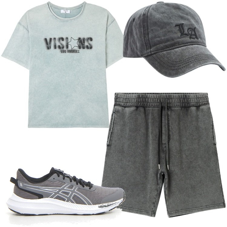 Outfit uomo - Sport in delavé. Stile Casual per Sport. Abbinamento con t-shirt, pantaloni corti, cappelli, scarpe sportive.