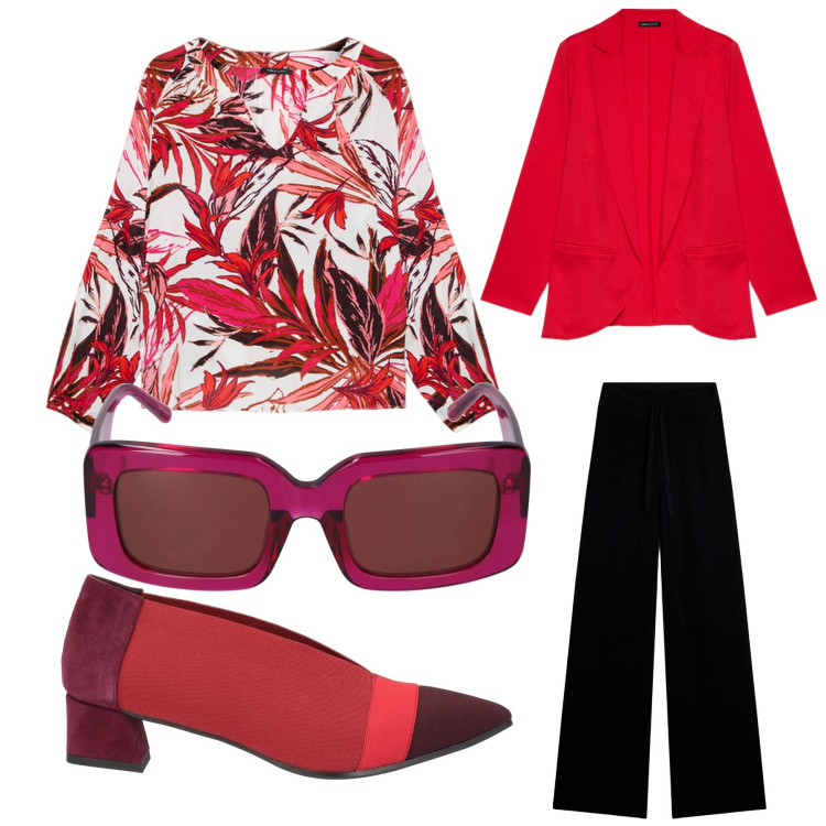 Outfit donna - Red docet. Stile Chic per Tutti i giorni. Abbinamento con décolleté, pantaloni, bluse, blazer, occhiali da sole.