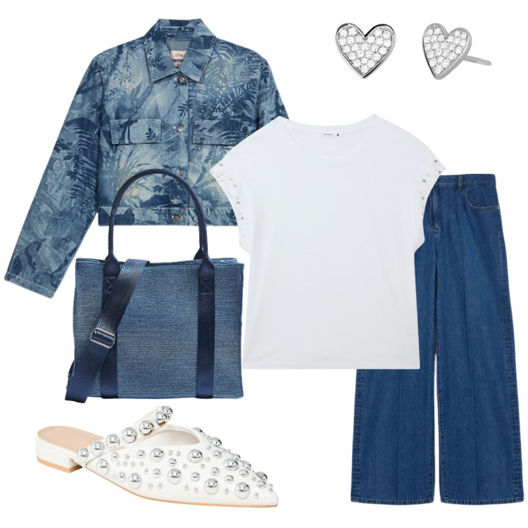 Outfit donna - Borchiette. Stile Trendy per Scuola/Università. Abbinamento con t-shirt, ballerine, shopping bag, orecchini, jeans, blazer.