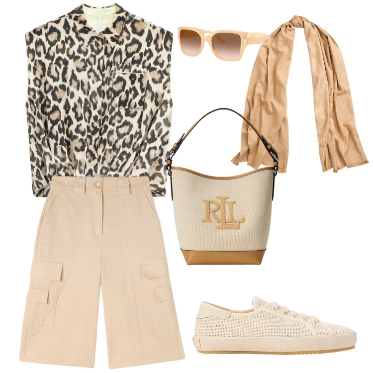 Outfit donna - Un foulard nei capelli. Stile Etnico per Tutti i giorni. Abbinamento con camicie, sneakers, occhiali da sole, sciarpe, borse a secchiello, bermuda.
