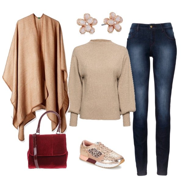 Outfit donna - Con la mantella. Stile Basic per Tutti i giorni. Abbinamento con maglieria, jeans skinny, borsa a mano, scarpe, poncio taglia unica marrone, orecchini a perno.