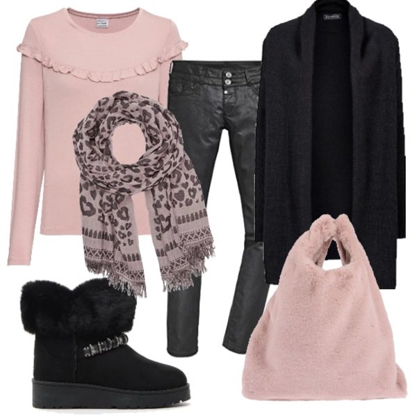 Outfit donna - Pratica e trendy. Stile Trendy per Tutti i giorni. Abbinamento con cardigans, maglia con ruches e scollo a maniche lunghe jersey rosa, borse a mano, stivaletti nero, jeans slim fit nero, sciarpa taglia unica rosa.