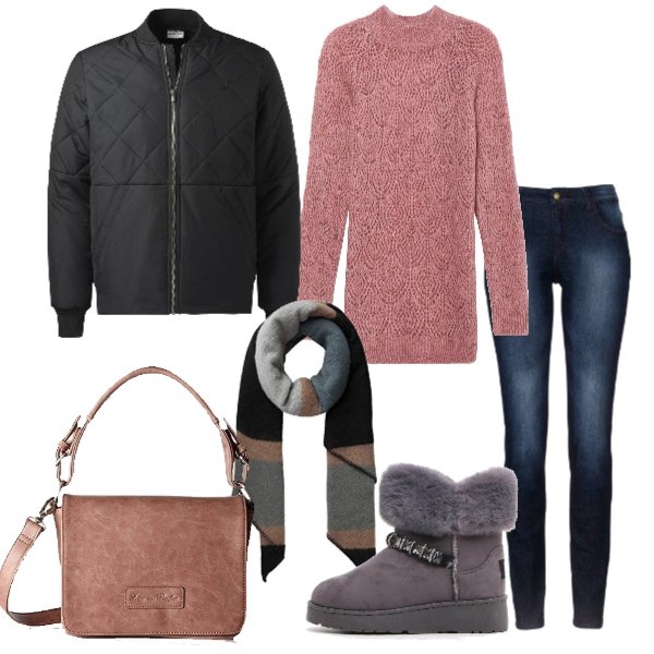 Outfit donna - Maxi maglia rosa stivaletto imbottito. Stile Basic per Tutti i giorni. Abbinamento con jeans skinny, stivaletti grigio, maglia maxi melange girocollo lunga filato rosa, borse a mano, giacca unisex-adulto nero, sciarpa a righe taglia unica multicolore e grigio.