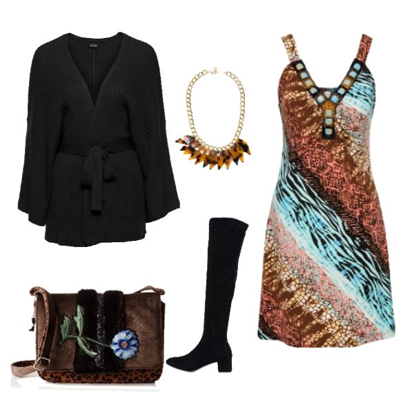 Outfit donna - Basta poco. Stile Trendy per Serata fuori. look ideale per Tall. Abbinamento con vestiti, cardigan, stivali effetto laminato con tacco geometrico e zip con punta tonda jersey, collana, borsa a spalla marrone.