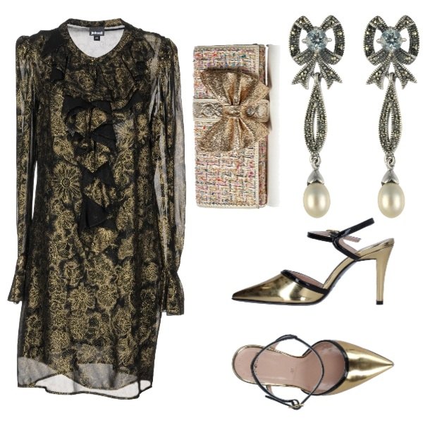 Outfit donna - #CHRISTMASISCOMING - 22 dicembre. Stile Chic per Serata fuori. look ideale per Petite. Abbinamento con vestito corto senza tasche fantasia con ruches collo tondo a maniche lunghe interno foderato in viscosa crêpe, décolleté slingback fantasia effetto laminato con fibbia a punta in pelle sintetica, orecchini in argento 925 bianco, clutch crema.