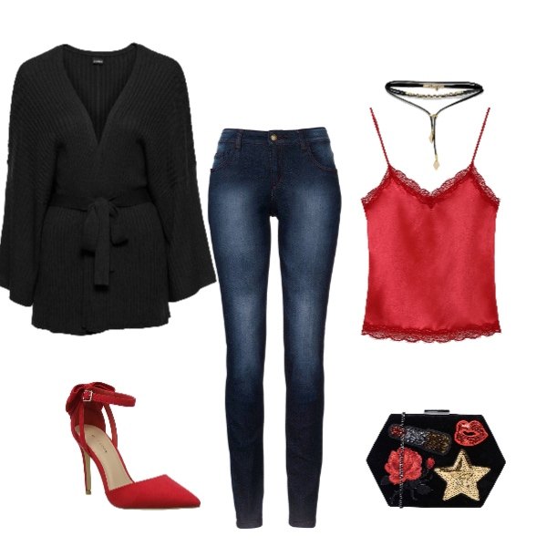Outfit donna - Total look #213446. Abbinamento con jeans skinny, cardigan, borsa a mano mini con paillettes a scatto interno foderato in velluto tinta unita, canottiera con pizzo e spalline sottili in raso, scarpe col tacco rosso, collana con fasce in pelle sintetica con catenina oro.