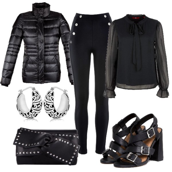 Outfit donna - Rock #4044. Stile Rock per Serata fuori. Abbinamento con leggings, piumino con logo frontale nero, camicia nero, sandali con tacco largo collo aperto con cinturino in denim, orecchini argento e bianco, borsa a tracolla con fiocco maxi con borchie in pelle sintetica.