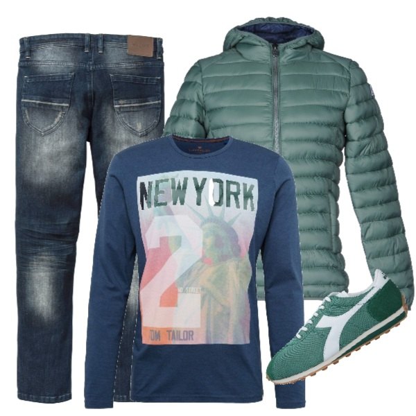 Outfit uomo - Mattinata all\'università. Stile Casual per Tutti i giorni. Abbinamento con jeans slim fit.