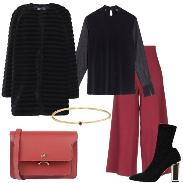 Outfit donna - #CHRISTMASISCOMING - 21 dicembre. Stile Chic per Serata fuori. Abbinamento con ecopelliccia, pantalone vita alta jersey, borsa a mano mini a scatto interno foderato tinta unita, stivaletti effetto laminato con tacco squadrato a punta tinta unita, maglia con scollo a maniche lunghe nero, braccialetto in argento 925 rosso.