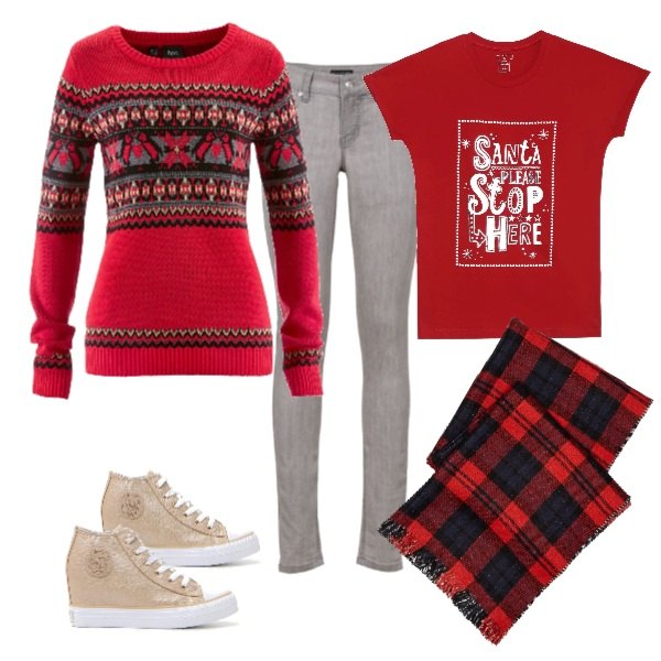 Outfit donna - Casual Christmas. Stile Urban per Tutti i giorni. Abbinamento con jeans skinny, pullover con scollo rosso e corda, sneakers oro, t-shirt con stampa girocollo elasticizzato, sciarpa lunga.