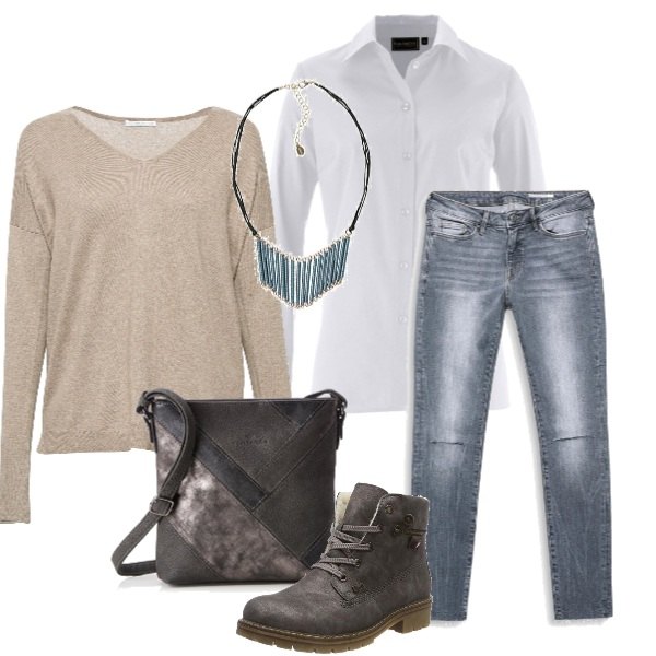 Outfit donna - Trendy #29247. Stile Trendy per Tutti i giorni. Abbinamento con camicie, jeans vita bassa sulla coscia a punta in denim grigio, stivaletti grigio, felpa marrone e grigio, borsa a tracolla grigio, collana in placcato argento.
