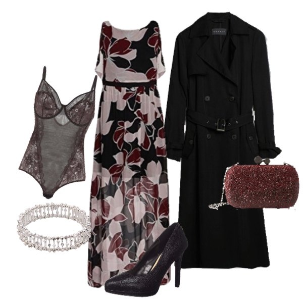 Outfit donna - Fiori e luci. Stile Trendy per Serata fuori. Abbinamento con body con ferretto e pizzo in tulle tinta unita, vestito fantasia multicolore e nero, giubbotto nero, scarpe col tacco con plateau nero, clutch, braccialetto in placcato argento.