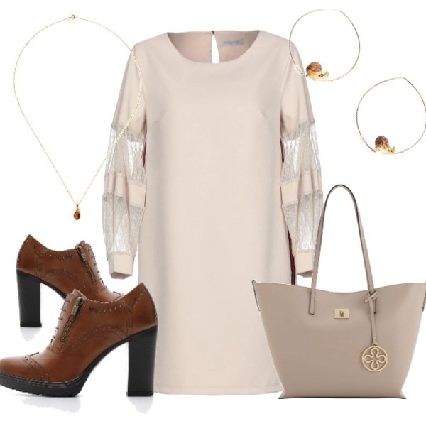 Outfit donna - È il momento dello scambio dei doni. Stile Basic per Tutti i giorni. Abbinamento con vestito corto a tubino con pizzo collo tondo a maniche lunghe interno sfoderato con bande laterali tinta unita, orecchini in ottone, tronchetti con borchie e lacci nero, pochette, collana forma ovale in oro giallo marrone.