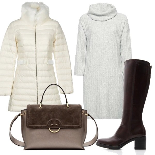Outfit donna - Domenica a passeggio. Stile Basic per Tutti i giorni. Abbinamento con piumino collo alto a maniche lunghe con zip in tessuto tecnico tinta unita, vestito grigio, stivali con zip nero, borsa a mano interno foderato in ecopelle con tasca interna oro.
