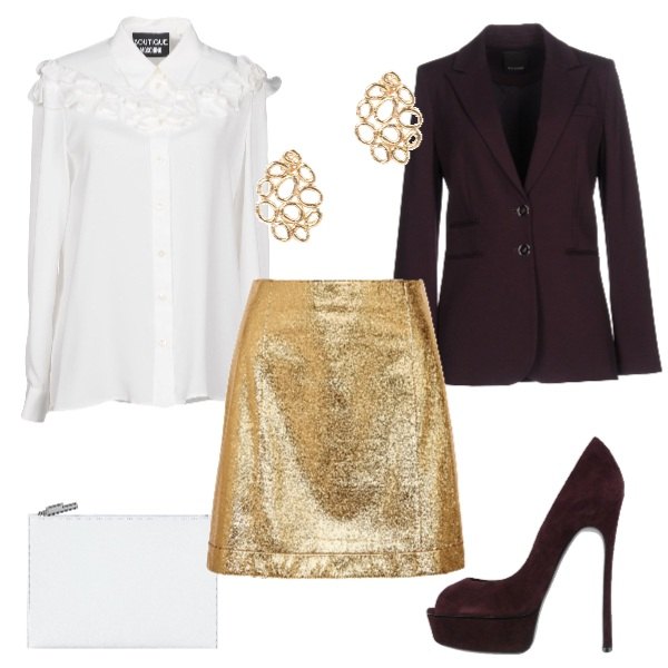 Outfit donna - #CHRISTMASISCOMING - 24 dicembre. Stile Chic per Serata fuori. Abbinamento con gonna al ginocchio effetto laminato con zip interno sfoderato tinta unita, décolleté effetto scamosciato open toe tinta unita, giacca jersey, camicia senza tasche con ruches collo classico a maniche lunghe in seta tinta unita, orecchini, pochette.