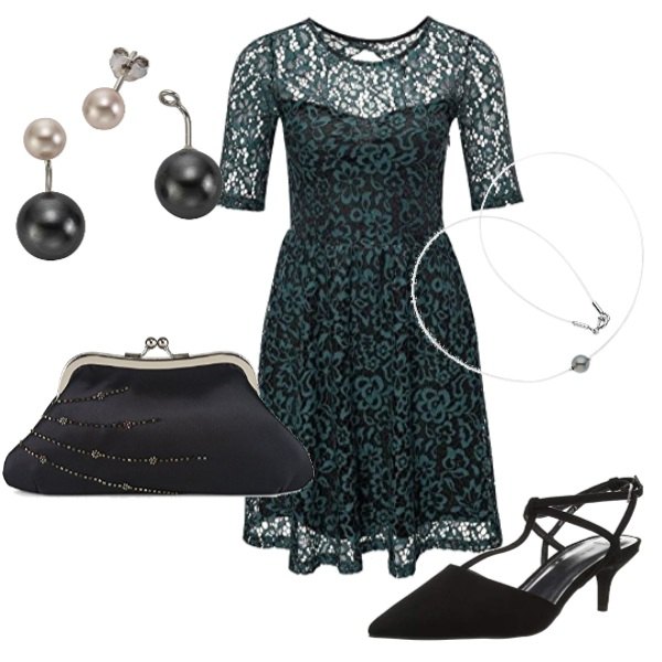 Outfit donna - Green Christmas. Stile Bon Ton per Serata fuori. Abbinamento con vestito nero, clutch farfalla nero, scarpe con cinturino pianta larga nero, orecchini in argento 925, collana in argento 925.