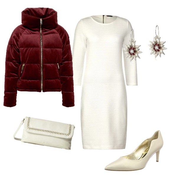 Outfit donna - Stella di Natale. Stile Basic per Cerimonia. Abbinamento con vestito beige e bianco, giacca rosso e bordeaux, ciondoli, scarpe con tacco bianco, clutch.