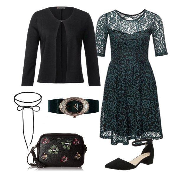 Outfit donna - Pronta per il pranzo. Stile Bon Ton per Serata fuori. Abbinamento con vestito nero, coprispalle nero, borsa a tracolla nero, scarpe con tacco nero, orologio analogico, collane.