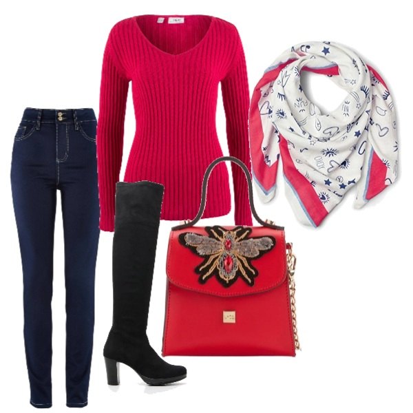 Outfit donna - Rouge style. Stile Sexy per Tutti i giorni. Abbinamento con jeans slim fit, pullover a coste aderente, stivali nero, cappello taglia unica multicolore e bianco, borsa a tracolla mini.