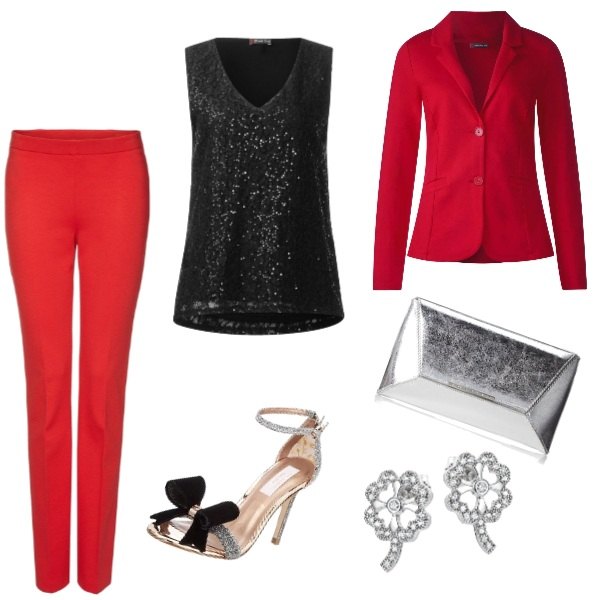 Outfit donna - Chic #17870. Stile Chic per Serata fuori. Abbinamento con canottiera nero, giacca rosso, scarpe col tacco open toe argento, pantalone, orecchini a perno in sterling 925 argento, pochette argento.