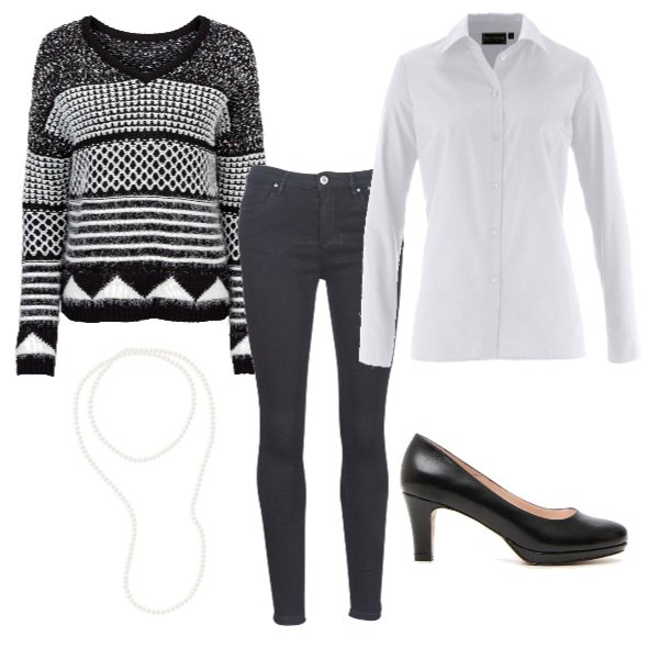 Outfit donna - Elegante e sobria. Stile Chic per Ufficio. Abbinamento con camicie, pullover jacquard, jeans slim fit nero, décolleté nero, collana con perle bianco.