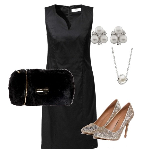 Outfit donna - Total look #214122. Abbinamento con vestito a tubino scollatura aderente, décolleté glitter con tacco alto oro, borsa a tracolla, orecchini in argento 925 bianco, collana con perle effetto lucido argento.