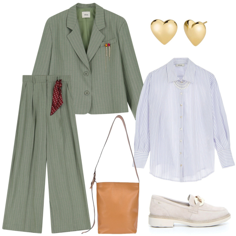 Outfit donna - Mannish in verde. Stile Mannish per Tutti i giorni. Abbinamento con orecchini, pantaloni a palazzo, blazer, camicie, mocassini, borse a secchiello.