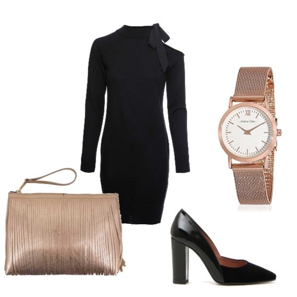 Outfit donna - Total look #214167. Abbinamento con vestito con fiocco chiffon in in maglia nero, orologi analogici, décolleté, pochette fantasia effetto laminato con zip in ecopelle oro.