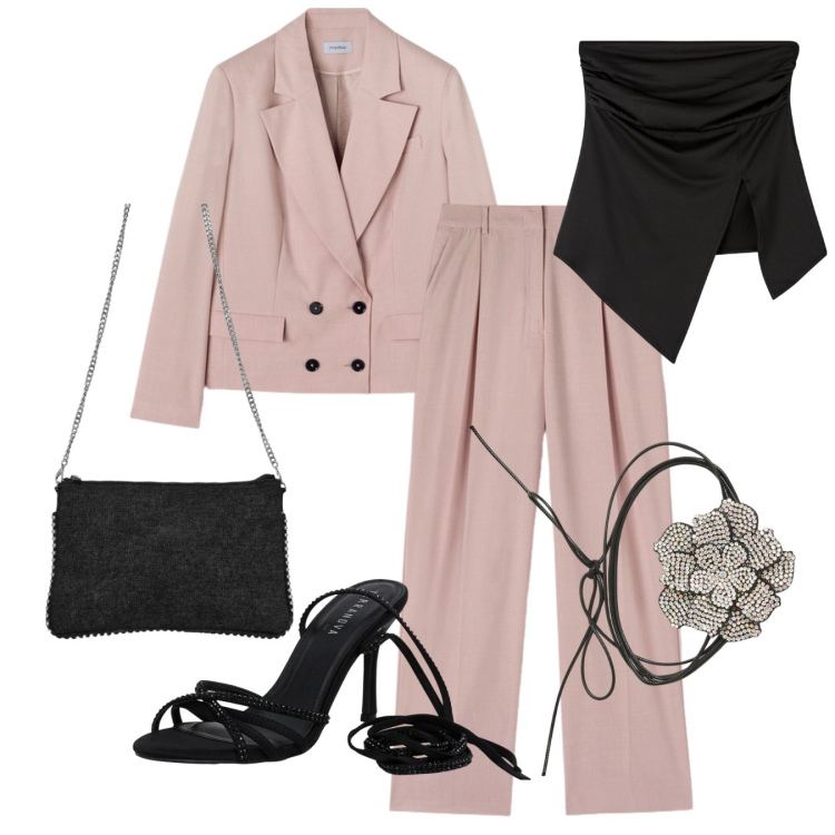 Outfit donna - Tailleur. Stile Chic per Cerimonia. Abbinamento con top, collane, sandali alla schiava, borse a tracolla, blazer, pantaloni a palazzo.