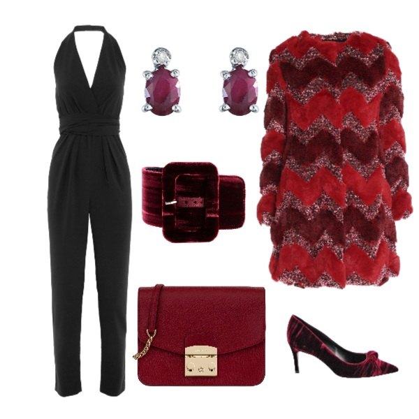 Outfit donna - Natale chicchissimo. Stile Chic per Serata fuori. Abbinamento con salopette scollatura profonda senza maniche con laccetti crêpe, ecopelliccia, braccialetti, orecchini in oro bianco, catena fondo con piedini oro, décolleté in velluto.