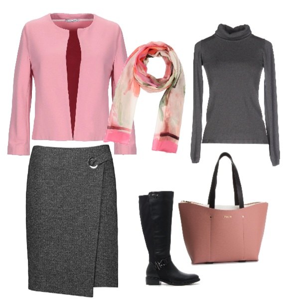 Outfit donna - Chic e praticità. Stile Chic per Tutti i giorni. Abbinamento con maglioncino, giacca, sciarpa fantasia floreale in viscosa, gonna grigio, stivali nero, shopping bag in ecopelle.