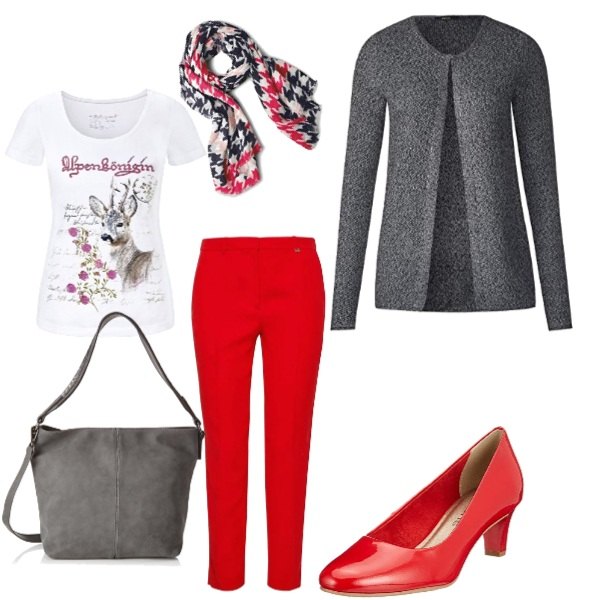 Outfit donna - Natale con stile.... Stile Urban per Serata fuori. Abbinamento con pantalone rosso, cardigan nero, camicia, scarpe con tacco rosso, cappello taglia unica multicolore e bianco, shopping bag grigio.