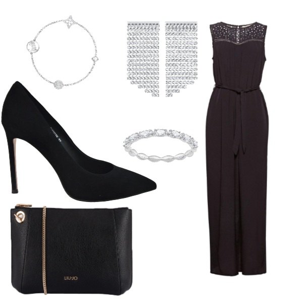 Outfit donna - Christmas Gifts. Abbinamento con vestito nero, borsa a tracolla in pelle sintetica, décolleté, anello bianco, orecchini, bracciale stretto bianco.