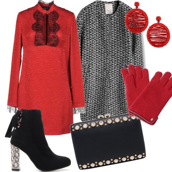 Outfit donna - La Vigilia. Stile Chic per Serata fuori. Abbinamento con vestito corto collo coreana a maniche lunghe interno sfoderato in raso crêpe, orecchini, stivaletti, giubbotto multicolore e nero, pochette con perle in ecopelle, guanti rosso.