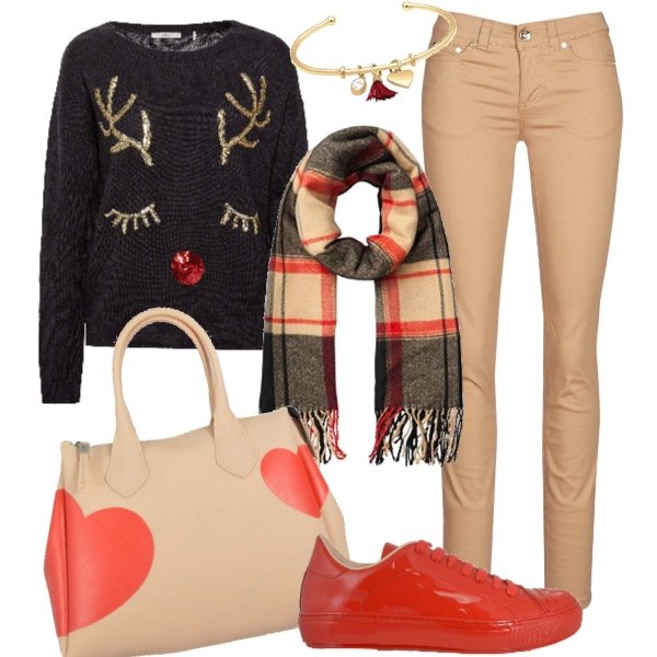 Outfit donna - Natale young e casual. Stile Trendy per Tutti i giorni. Abbinamento con pantalone beige, felpa grigio, borsa a mano con stampa rosa, sneakers effetto vernice con logo, sciarpa lunga, braccialetti.
