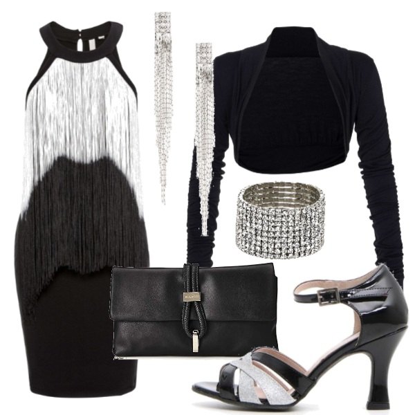 Outfit donna - Anni 20. Stile Bon Ton Abbinamento con borse a secchiello, bolero con arricciature e scollo a maniche lunghe con fasce, orecchini, scarpe glitter con tacco alto e fasce open toe nero, bracciale con strass effetto scamosciato girocollo elasticizzato argento e oro, clutch.