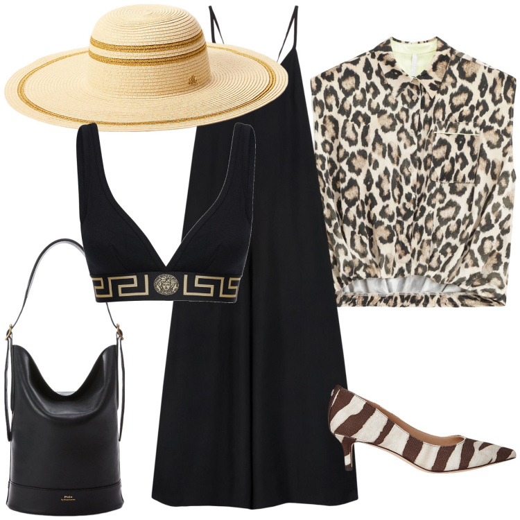 Outfit donna - Cannes. Stile Glamour per Tutti i giorni. Abbinamento con camicie, décolleté, borse a secchiello, cappelli, tute, reggiseni.