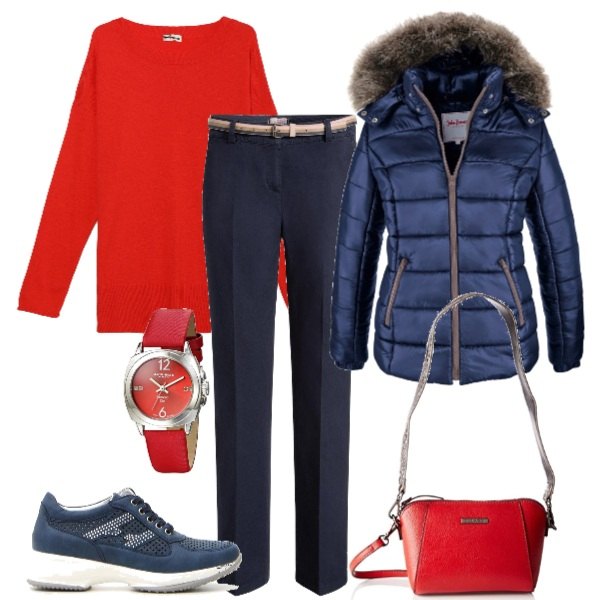 Outfit donna - Basic #20055. Stile Basic per Tutti i giorni. Abbinamento con piumini, cintura navy, maglia girocollo a maniche lunghe filato, borsa a tracolla rosso, scarpe stringate stringate blu, orologio.